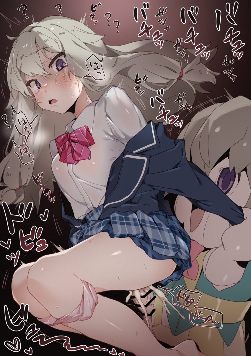 1boy 1girls absurdres bangs barefoot blazer blonde_hair blue_jacket blue_skirt blush bow bowtie collared_shirt cum cum_in_pussy cum_inside dress_shirt eyebrows_visible_through_hair female from_side grey_hair hair_between_eyes highres jacket kusanagi_nene legs legs_together long_hair long_sleeves looking_at_viewer low-tied_long_hair makaroni mekyokyopon miniskirt open_clothes open_jacket open_mouth overflow panties panties_around_leg panties_down panty_pull penis pink_bow pink_panties plaid plaid_skirt pleated_skirt project_sekai purple_eyes restrained school_uniform sex shirt skirt solo sweat tears thighs trembling underwear vaginal_penetration white_shirt wrist_grab