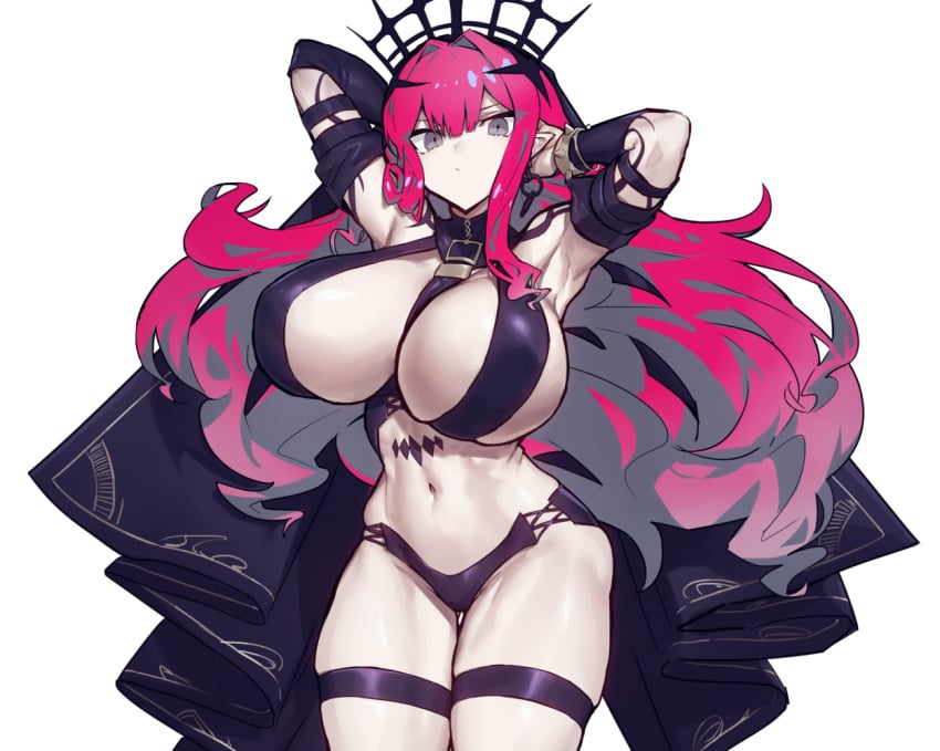 alternate_breast_size arms_up baobhan_sith_(fate) big_breasts breasts crown fate/grand_order fate_(series) female long_hair looking_at_viewer melon22 melonnyinyi midriff pale_skin pointy_ears red_hair tagme