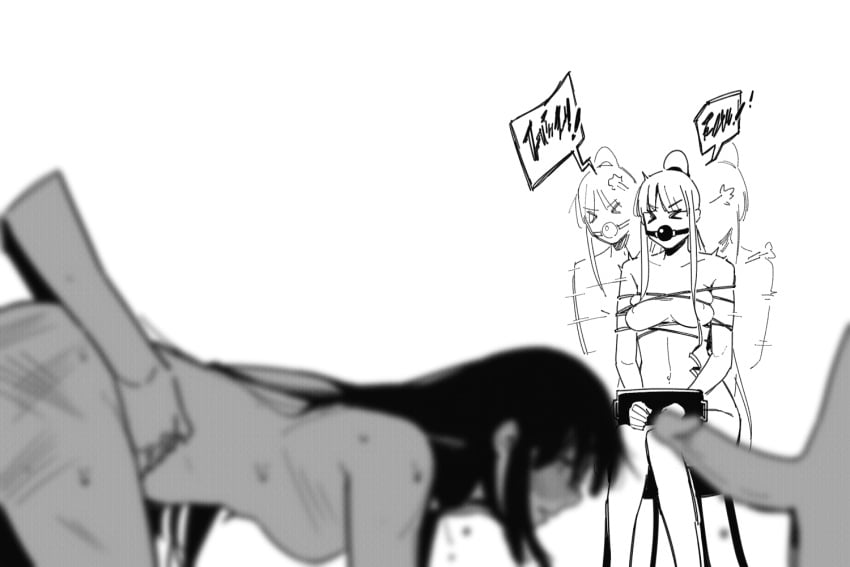 >_< 4girls ak-12_(girls'_frontline) ball_gag blurry bound depth_of_field doggy_style female_commander_(girls'_frontline) futa_with_female futanari gag gagged girls'_frontline greyscale huqu monochrome multiple_girls nude penis restrained sequence_parts_continuation sequential_set sex sex_from_behind