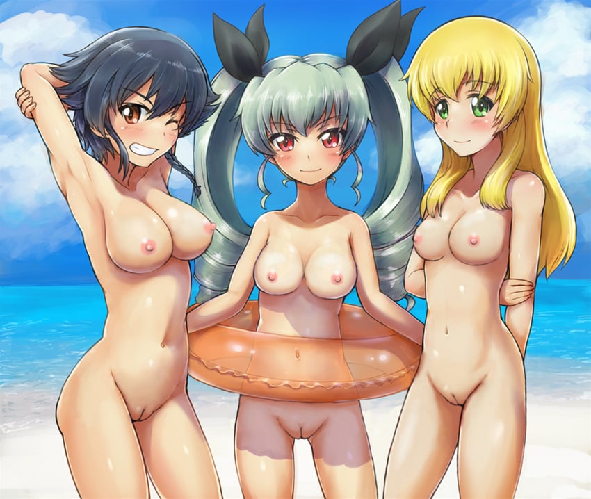 3girls anchovy beach black_hair blonde_hair blush breasts brown_eyes carpaccio drill_hair female_only girls_und_panzer green_eyes grey_hair long_hair looking_at_viewer multiple_girls nude_female pepperoni_(girls_und_panzer) pussy red_eyes short_hair smile