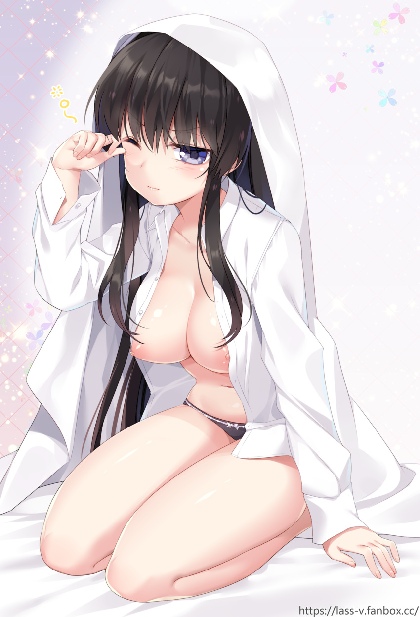 areolae bangs bed_sheet black_hair black_panties blanket breasts cleavage closed_mouth collarbone collared_shirt dress_shirt eyebrows_visible_through_hair female highres long_hair long_sleeves medium_breasts mvv navel nipples one_eye_closed open_clothes open_shirt original panties purple_eyes rubbing_eyes shirt sidelocks solo thighs underwear v-shaped_eyebrows waking_up white_shirt