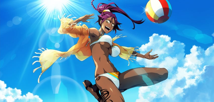 1girls action_pose armpit artist_request bare_legs bare_shoulders beach beach_ball bikini bleach bleach_brave_souls bouncing_ass braid brown_skin cleavage dark-skinned_female dark_skin fat_breasts female female_only flat_belly fully_clothed golden_eyes hair_tie hips jumping large_breasts legs_apart legs_folded long_hair long_legs looking_at_viewer open_mouth outdoors ponytail purple_hair sandals scrunchy_face shihouin_yoruichi slender slender_waist smile solo swimsuit thigh_tattoo underboob volleyball white_bikini