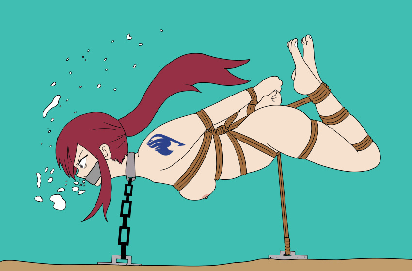 1girls 2020 arms_behind_back asphyxiation bondage bubbles chains collar drowning erza_scarlet fairy_tail gag gagged hogtie iron_ball metal_collar naked naked_hogtie nipples nude ocean panic ponytail puffo_(artist) red_hair rope rope_bondage struggling tape_gag taped_mouth tattoo underwater