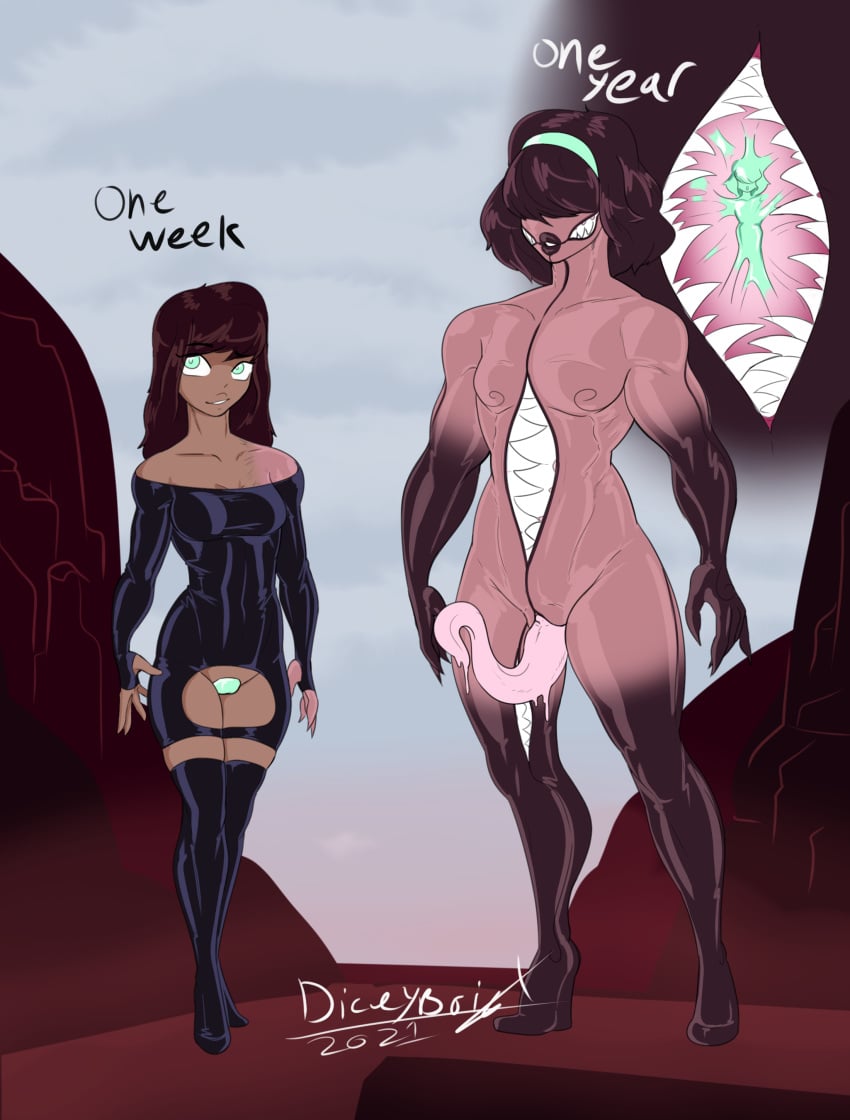 abs big_lips blue_eyes bob_cut brown_hair brown_skin claws colored_pupils crotch_cutout diceyboi eyes_covered femboy fingerless_gloves flat_chest gender_transformation hairband latex_gloves latex_suit latex_thighhighs long_hair male_to_female monsterification multi_mouth no_cheeks no_nipples pink_skin pussy_with_tongue sharp_teeth shoulderless_shirt time_skip transformation trap unusual_tongue