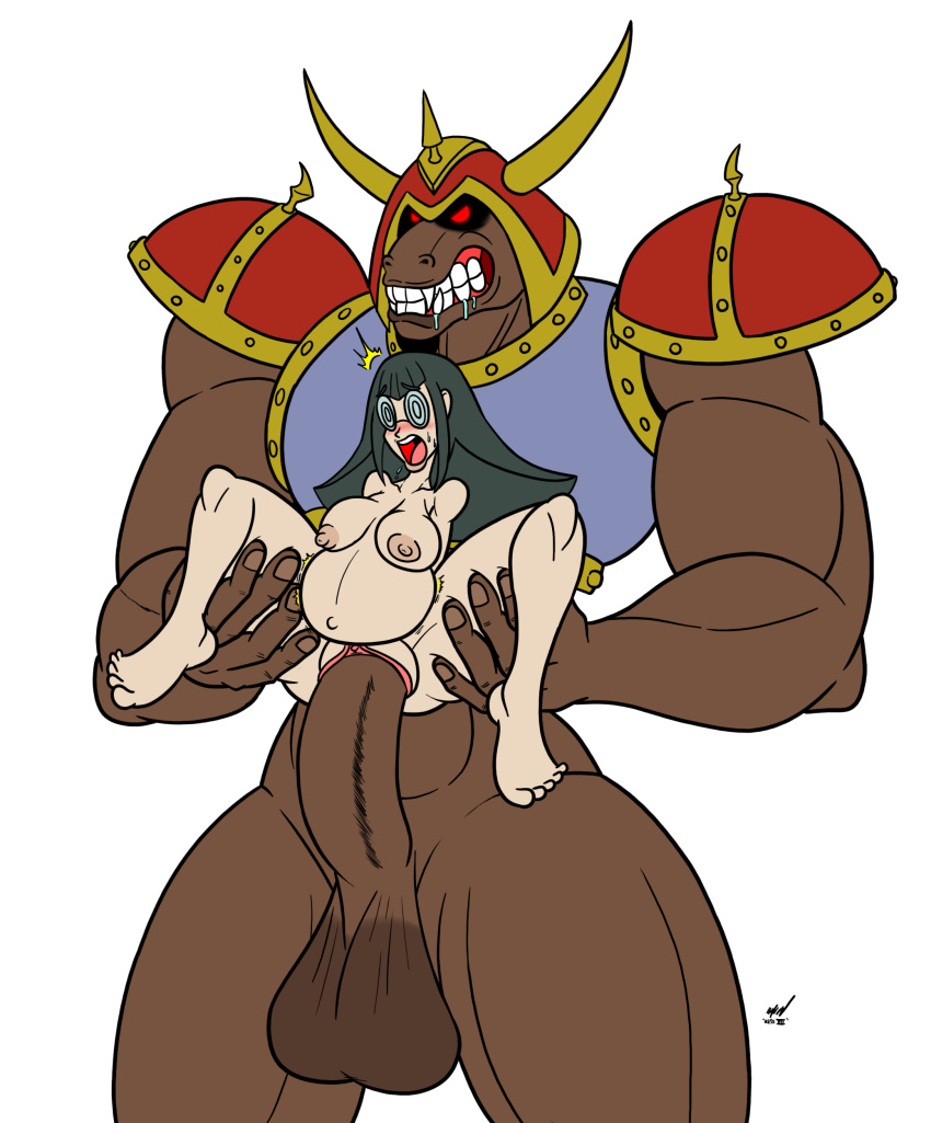 battle_ox brown_skin carly_nagisa female glasses horns huge_balls huge_cock larger_male light-skinned_female monster nerd nessvii round_glasses saggy_balls sex signature size_difference smaller_female stand_and_carry_position stomach_bulge white_background yu-gi-oh! yu-gi-oh!_5d's