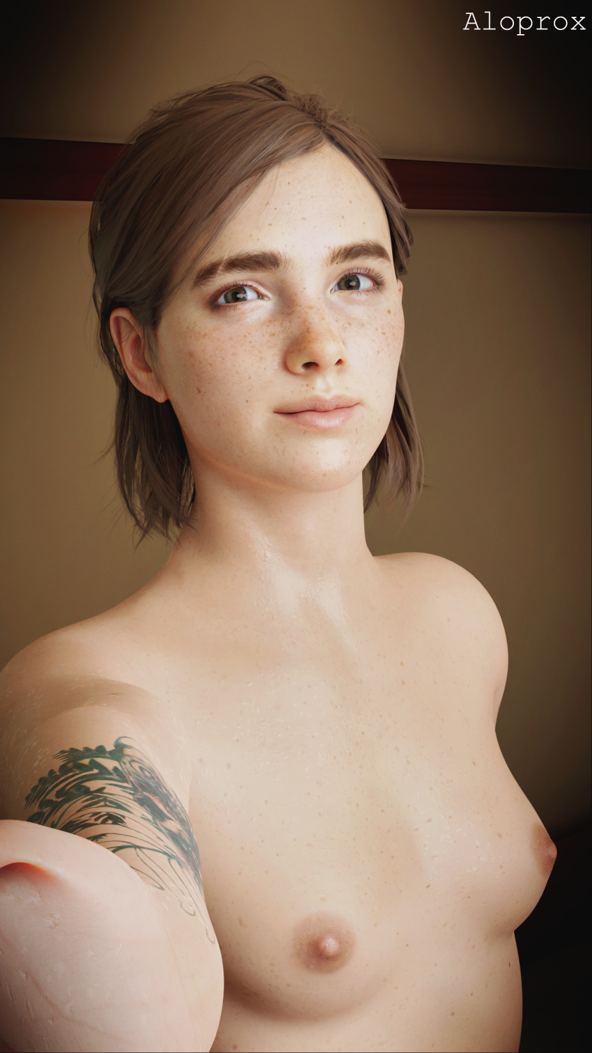 1girls 3d aloprox brown_eyes brown_hair ellie_(the_last_of_us) ellie_williams female female_only medium_breasts naughty_dog nude selfie smile solo the_last_of_us the_last_of_us_2