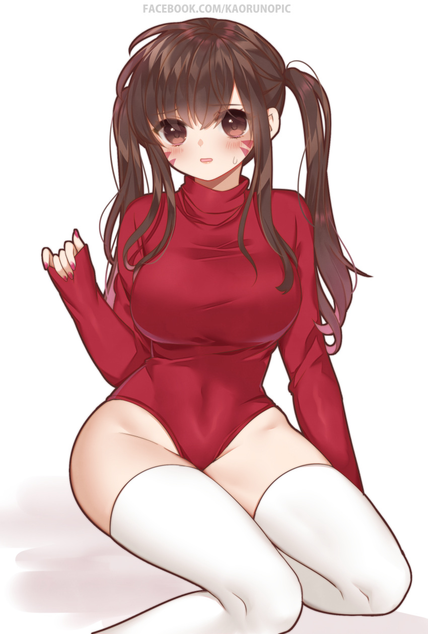 1girls 2019 artist_name blush breasts brown_eyes brown_hair clothing d.va eyebrows_visible_through_hair eyes_visible_through_hair facial_mark female female_only highres kaoruru kneeling large_breasts leotard long_hair long_sleeves long_twintails looking_at_viewer nail_polish open_mouth overwatch pink_nails red_clothing simple_background sitting solo sweat sweatdrop thighhighs thighs tied_hair turtleneck turtleneck_leotard twintails url watermark white_background yokozuwari zettai_ryouiki