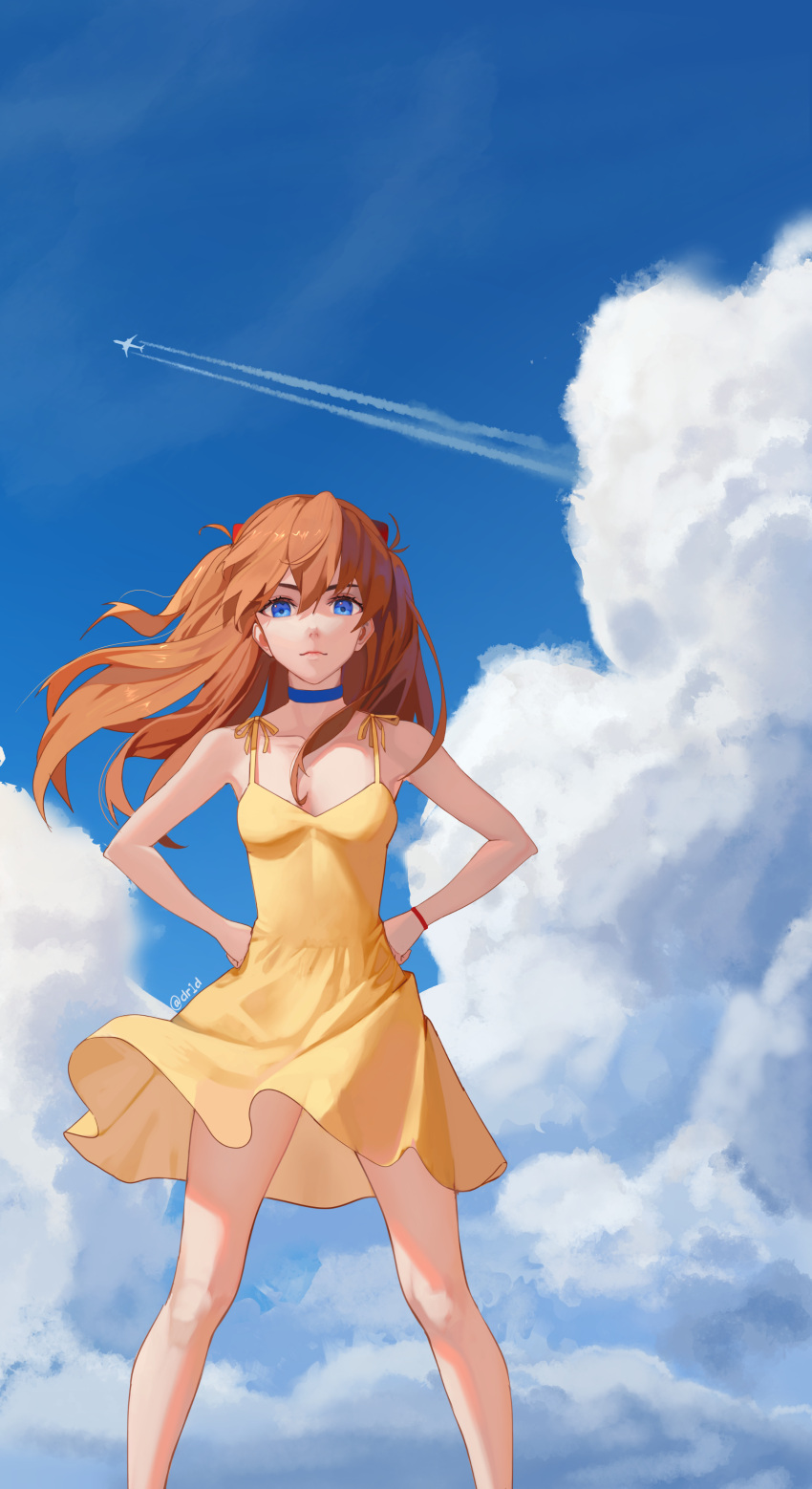 1girls absurd_res aircraft airplane asuka_langley_sohryu bangs blue_choker blue_eyes blue_sky bracelet breasts brown_hair choker closed_mouth clothing cloud collarbone condensation_trail day dress drid female female_only floating_hair frown fully_clothed hair_between_eyes hands_on_hips headgear hi_res jewelry long_hair neon_genesis_evangelion outdoors ribbon see-through see-through_clothing shiny shiny_hair short_dress sky sleeveless sleeveless_dress small_breasts solo standing sundress twitter_username very_long_hair yellow_dress yellow_ribbon