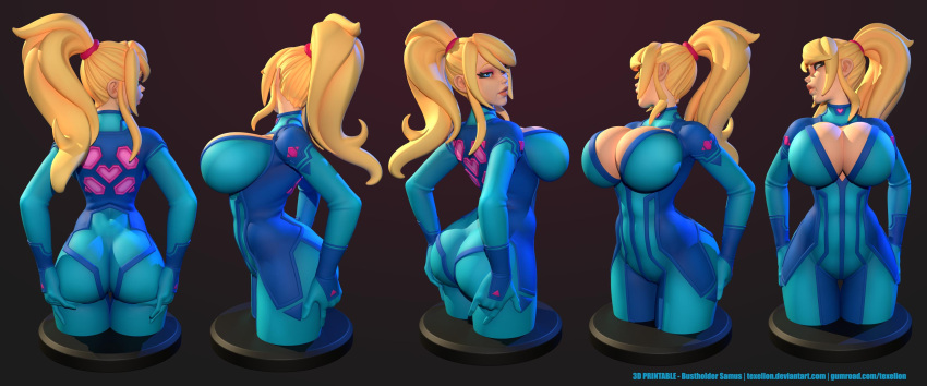 1girls 3d ass back_view blonde_hair blue_eyes bodysuit breasts cleavage cleavage_cutout female front_view hi_res huge_breasts looking_back metroid multiple_views nintendo pinup ponytail presenting samus_aran side_view simple_background skin_tight solo texelion thigh_gap zero_suit zero_suit_samus