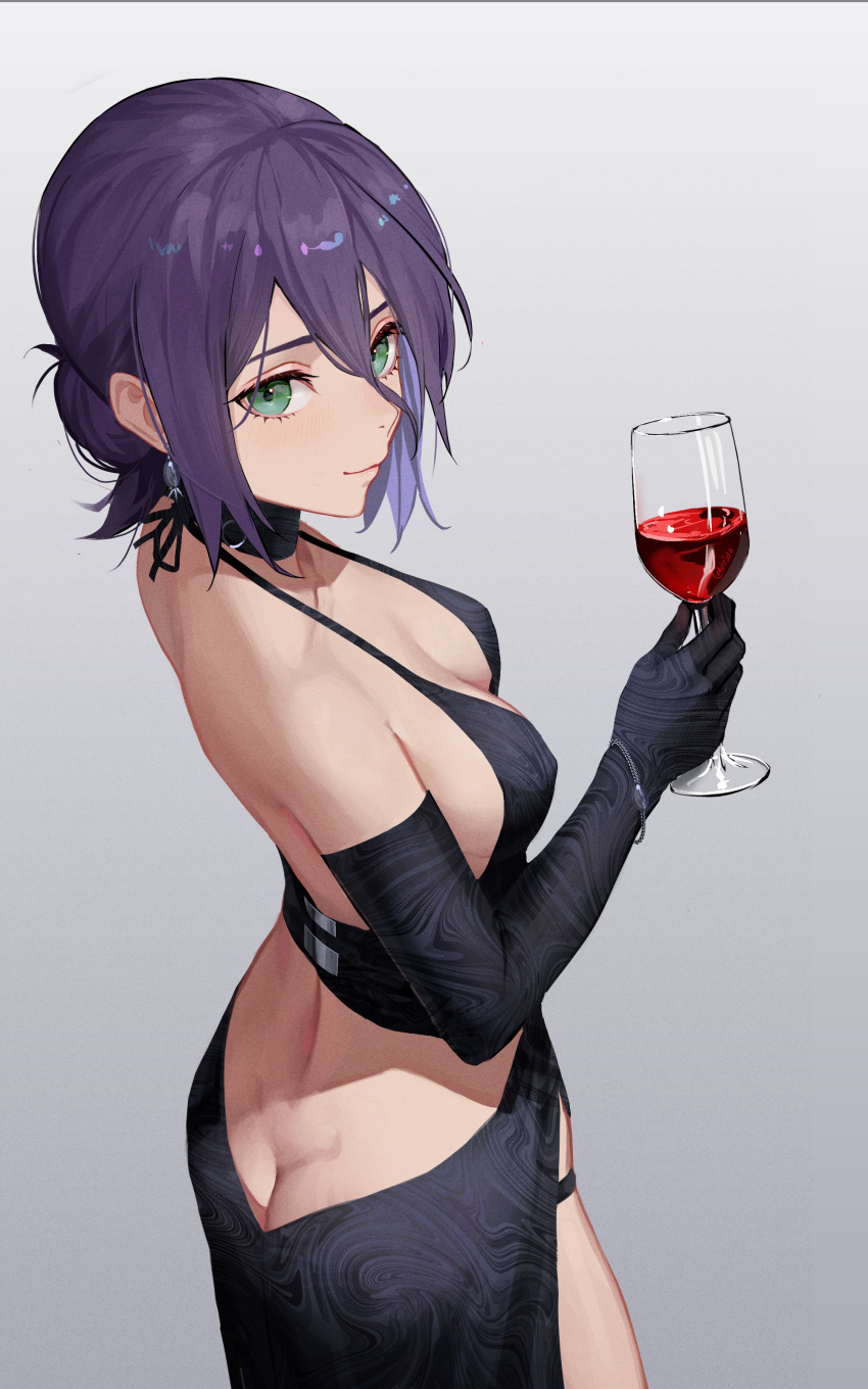 absurdres alcohol ass ass_cleavage back bangs bare_shoulders black_choker black_dress black_gloves breasts butt_crack chainsaw_man choker cleavage collarbone cup dress drid drinking_glass elbow_gloves female gloves green_eyes grenade_pin hair_bun highres large_breasts looking_at_viewer purple_hair reze_(chainsaw_man) short_hair smile solo wine wine_glass