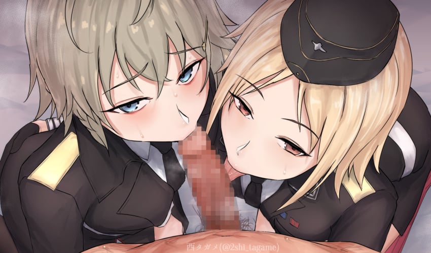 1boy 2girls :>= ass_grab bangs black_gloves blonde_hair blue_eyes brown_eyes censored collaborative_fellatio eyebrows_visible_through_hair fellatio ffm_threesome garrison_cap girls'_frontline gloves grabbing_another's_ass grey_hair groping group_sex hat highres jacket licking licking_penis looking_at_viewer military military_uniform mizukamakiri mosaic_censoring mp40_(girls'_frontline) mp41_(girls'_frontline) multiple_fellatio multiple_girls necktie oral penis pov short_hair straight teamwork threesome tongue tongue_out uniform