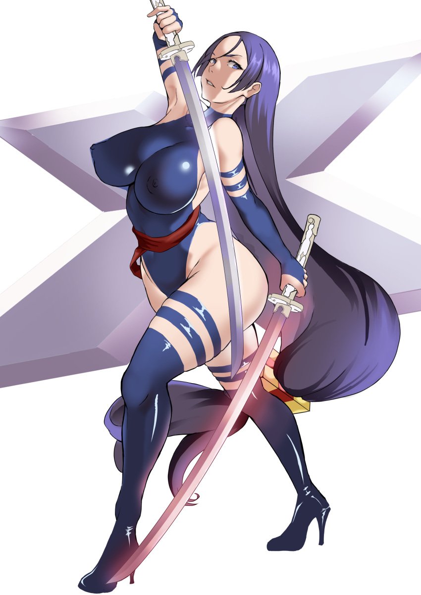 arm_strap ass assassin blue_arm_strap blue_elbow_gloves blue_eyes blue_high_heels blue_leotard blue_thigh_strap blue_thighhighs blue_thong_leotard breasts dual_wielding elbow_gloves fate_(series) fighting_stance gritted_teeth high_heels huge_breasts katana long_hair long_purple_hair marvel minamoto_no_raikou_(fate/grand_order) ninja nipples_visible_through_clothing ponytail psylocke_(cosplay) purple_hair red_sash sash shiiki_(love-saber) sword thick_thighs thigh_strap thighhighs thong_leotard very_long_hair x-men