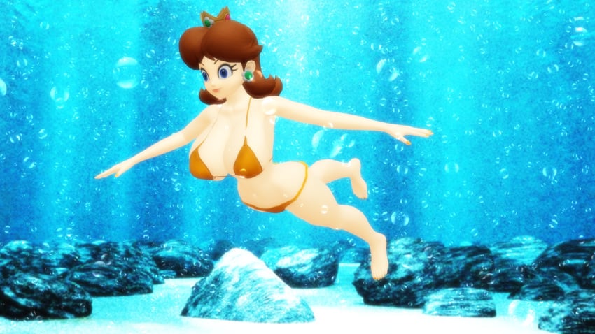 1girls 3d barefoot big_breasts bikini blue_eyes breasts brown_hair busty crown earrings female female_only freediving lavells-enterprise mario_(series) nintendo ocean orange_bikini orange_swimsuit princess_daisy short_hair solo solo_female swimming swimsuit tomboy underwater