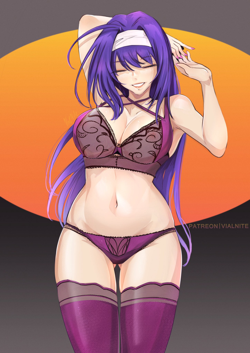 1girls bare_midriff bare_thighs closed_eyes fire_emblem fire_emblem:_path_of_radiance fire_emblem:_radiant_dawn grin headband large_breasts lingerie long_hair mia_(fire_emblem) nail_polish nintendo panties purple_hair purple_lingerie purple_nails purple_panties see-through solo solo_female stretching thighhighs underwear vialnite