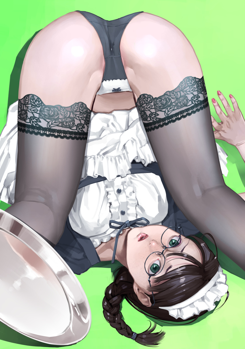 1girls ass braid clothed dress_lift glasses inamitsu_shinji lingerie maid panties simple_background solo thighhighs upside-down wet_panties