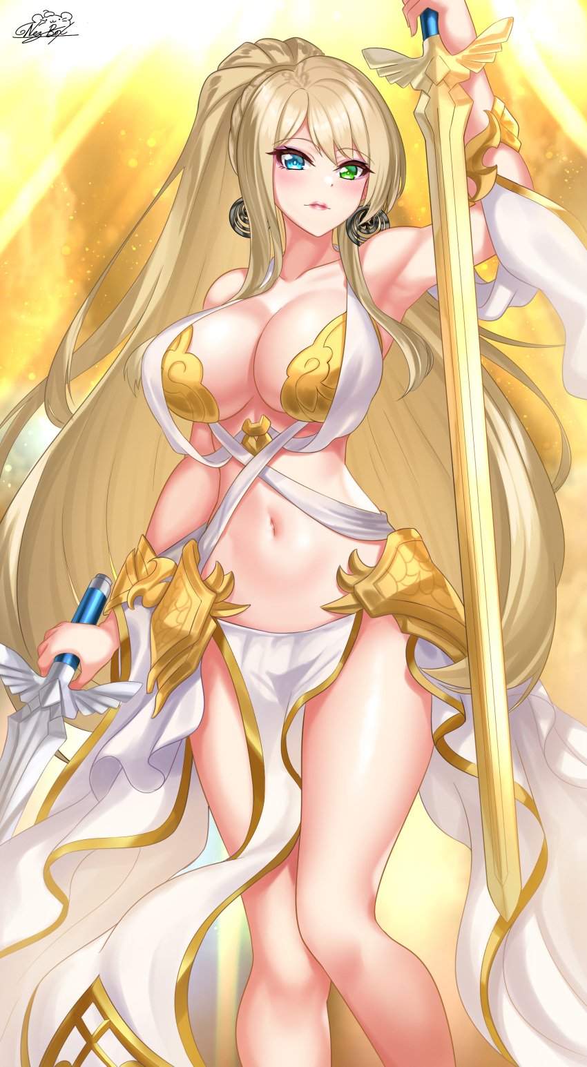 1girls absurdres armor armpits arms_up bare_legs bare_shoulders bikini_armor blonde_hair blue_eyes cleavage dual_wielding earrings female green_eyes heterochromia highres jewelry large_breasts long_hair looking_at_viewer midriff navel nez-box original pelvic_curtain ponytail revealing_clothes solo stomach sword weapon