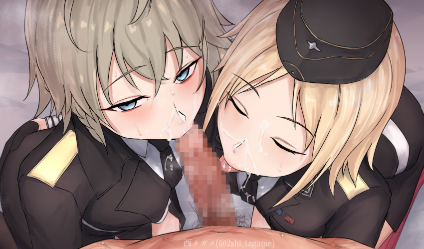 1boy 2girls :>= ass_grab bangs black_gloves blonde_hair blue_eyes censored closed_eyes collaborative_fellatio cum cum_on_clothes eyebrows_visible_through_hair facial fellatio ffm_threesome garrison_cap girls'_frontline gloves grabbing_another's_ass grey_hair groping group_sex hat highres jacket licking licking_penis looking_at_viewer military military_uniform mizukamakiri mosaic_censoring mp40_(girls'_frontline) mp41_(girls'_frontline) multiple_fellatio multiple_girls necktie oral penis pov short_hair straight teamwork threesome tongue tongue_out uniform