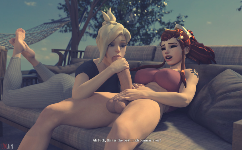 3d barefoot big_penis blonde_hair blowjob blue_eyes bottomless brigitte clothed_female couch daz3d daz_studio dialogue erojin feet feet_up fellatio futa_on_female futanari light-skinned_female light-skinned_futanari mercy muscular muscular_futanari on_couch outside overwatch sex sports_bra