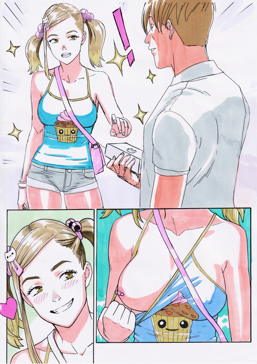 1boy 1girls blonde_hair blush cute exposed_breast exposing_self flashing hairclip hazel_eyes iphone lisa_(tekuho) male marker_(medium) micro_shorts naughty_smile nipple_piercing one_breast_out pierced_nipples shirt_down showing_breasts smiling tanktop tekuho twintails