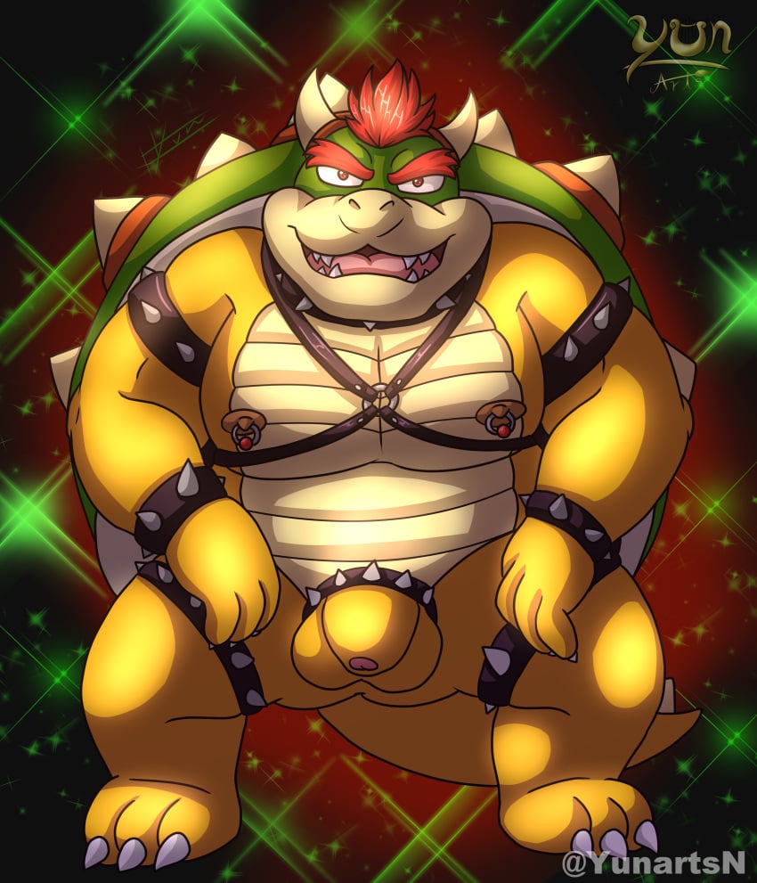 1boy anthro bara bowser claws cock_ring flaccid flaccid_cock flaccid_penis furry gay harness homosexual horn horns huge_cock koopa leather leather_cuffs leather_harness looking_at_viewer male male_focus male_only mario_(series) muscle muscular muscular_anthro muscular_male nipple_piercing nipples pecs pectorals shell solo spiked_bracelet spiked_collar spiked_ring spiky_hair yunartsn