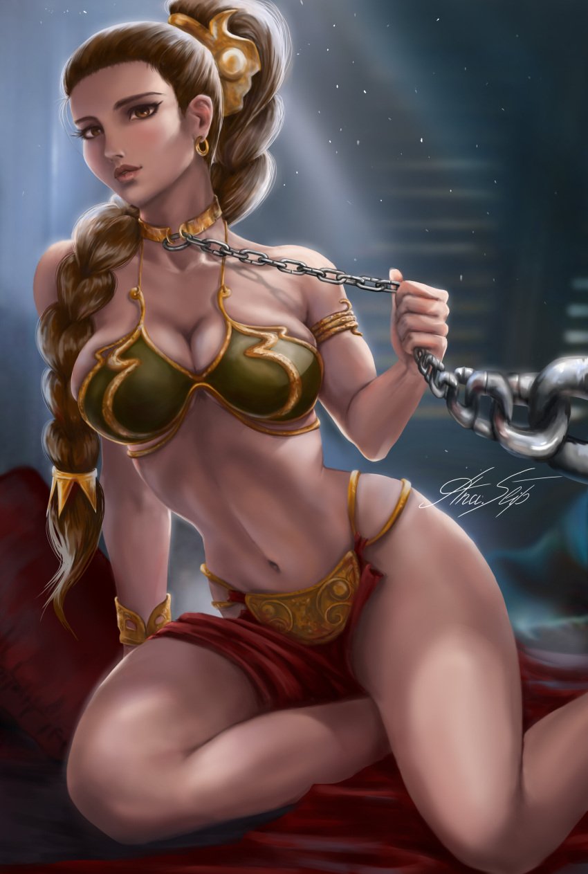 1girls ana_slip armlet belly_dancer belly_dancer_outfit blush bracelet braid breasts brown_eyes brown_hair chain_leash chains cleavage clothed clothing collar dancer dancer_outfit dust earrings enslaved_royal eyebrows eyelashes female female_only femsub hair_ornament harem_girl harem_outfit indoors kneeling large_breasts leash light light-skinned_female light_skin loincloth looking_at_viewer metal_bikini navel particles princess_leia_organa return_of_the_jedi sail_barge slave slave_bikini slave_collar slave_leia slave_outfit slavegirl solo star_wars stomach submissive submissive_female tatooine tied_hair