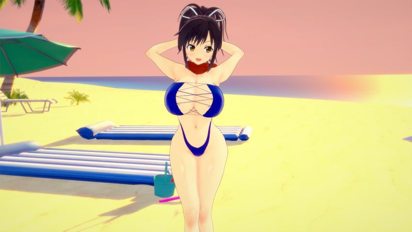 alternate_costume asuka_(senran_kagura) beach beach_mat bikini blush hair_ribbon large_breasts senran_kagura sunset xhion24