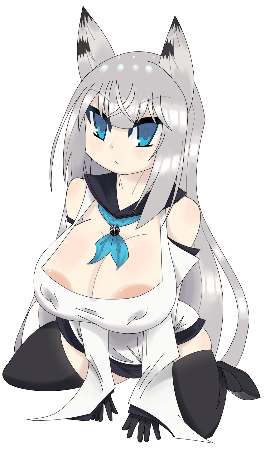 1girls :< azur_lane big_breasts blue_eyes byternomar clothed clothing cute female female_focus fox fox_ears fox_tail gray_hair grey_hair kawakaze_(azur_lane) large_areolae large_breasts long_hair silver_hair sitting