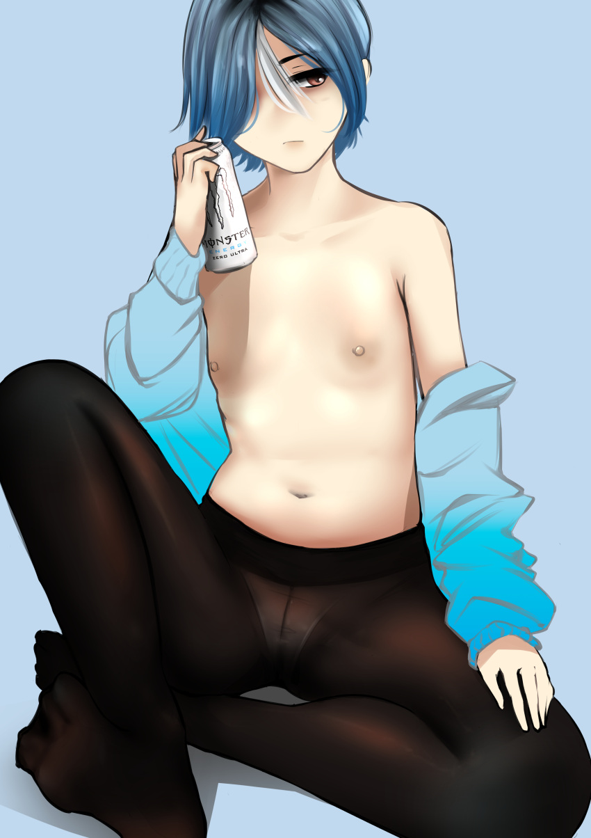 areolae blue_hair feet flat_chest large_areolae monster_energy pantyhose rain_prophet short_hair small_breasts toes