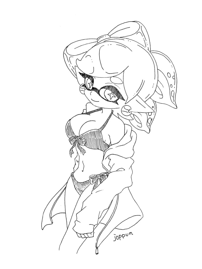 1girls alternate_costume bikini black_and_white bow bow_bikini breasts coat earrings female inkling inkling_girl joppun looking_at_viewer marie_(splatoon) nintendo no_color pointy_ears short_hair solo splatoon tentacle_hair