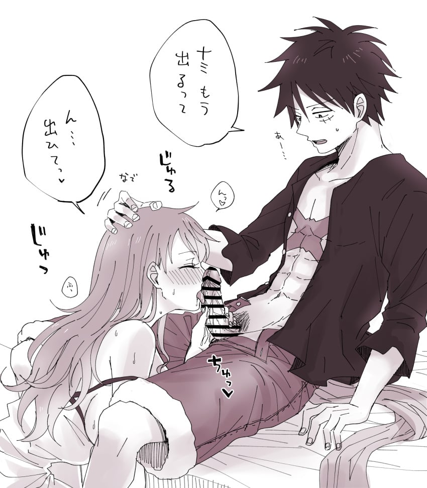 1boy 1boy1girl 1girls bed blush brown_eyes censored_penis closed_eyes clothed couple dark_hair dress dress_pull european fellatio female fringe grayscale licking_penis long_hair male monkey_d_luffy nami one_piece oral orange_hair oshicpume penis sash scar shirt shorts swedish translated