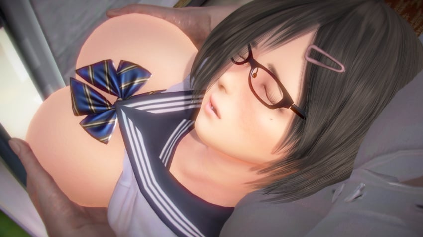 3d blush breast_grab breasts brown_hair closed_eyes exhibitionism glasses groping hair_ornament hamasaki_shiori huge_breasts mole molestation nipple_tweak nipples public qr_(artist) school_uniform schoolgirl secretly_loves_it shirt_lift short_hair topless train ugly_bastard