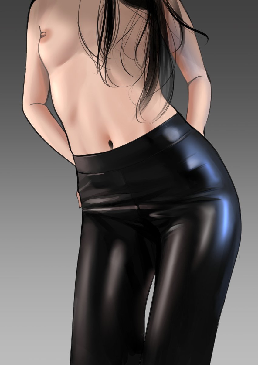 black_hair breasts large_areolae latex leggings long_hair medium_breasts nipples rain_prophet