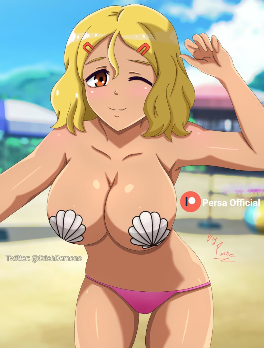 1girls beach big_breasts bikini blonde_hair blush breasts brown_eyes crishdemons curvy female_focus female_only hi_res looking_at_viewer medium_hair nipples one_eye_closed orange_eyes please_don't_bully_me,_nagatoro sakura_(nagatoro) simple_background smile solo tan tanned tanned_skin watermark wide_hips