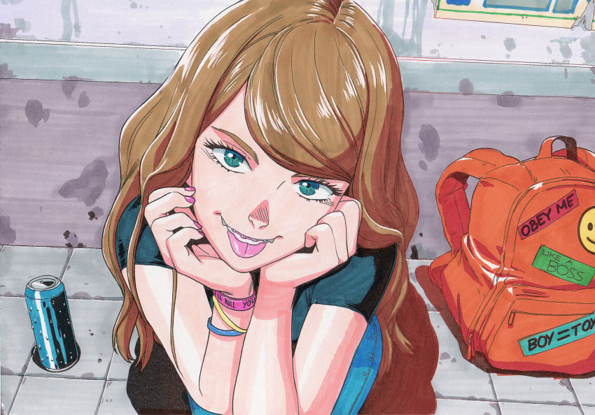 backsack blue_green_eyes bracelet braces brown_hair cute hands_under_chin looking_at_viewer marker_(medium) nail_polish naughty_face naughty_smile original smiling smiling_at_viewer solo solo_female street tammy_(tekuho) teenager tekuho tongue_out