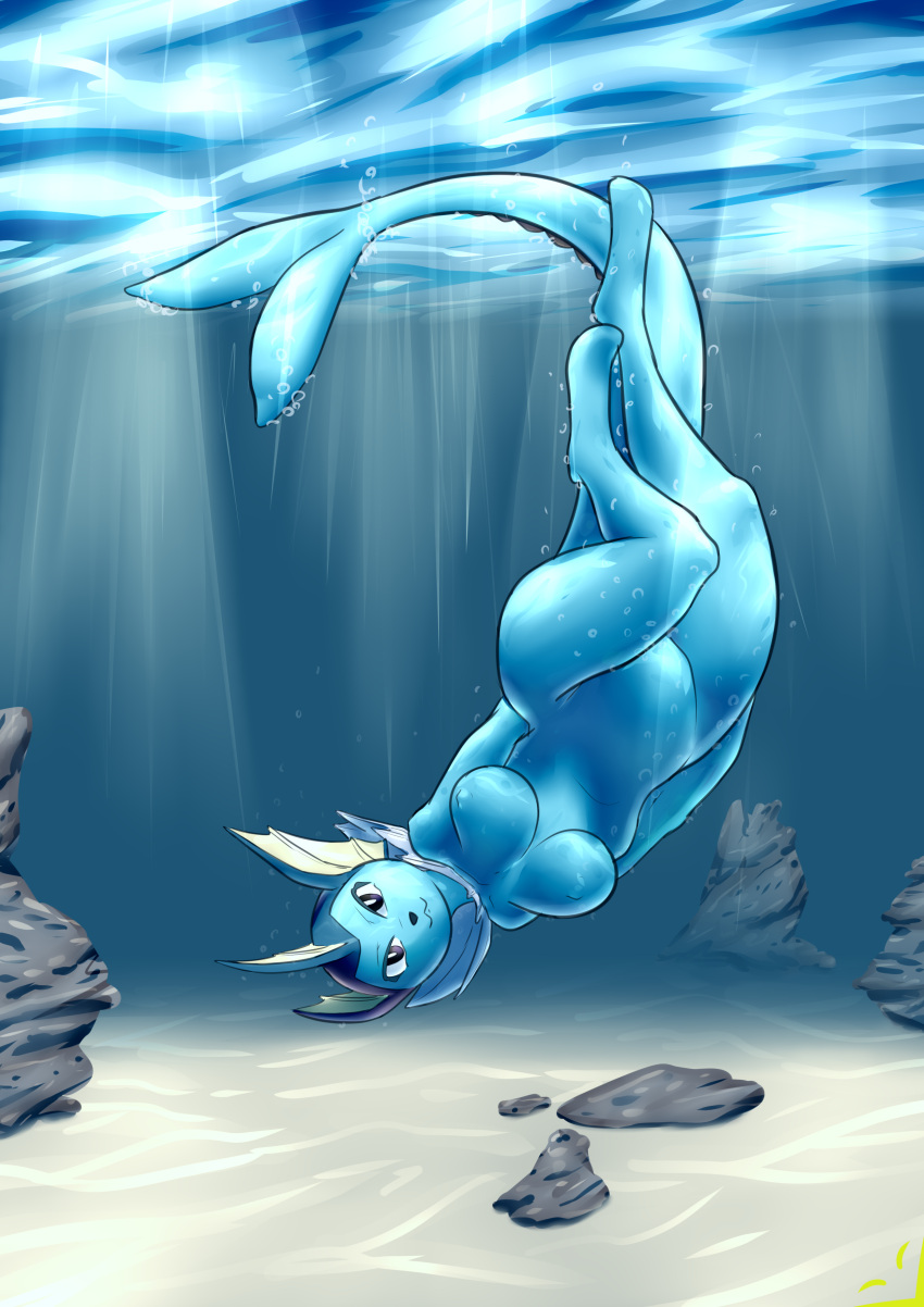 anthro black_eyes blue_skin breasts dewstar featureless_breasts no_nipples pokémon_(species) pokemon sea swimming tail underwater vaporeon wide_hips