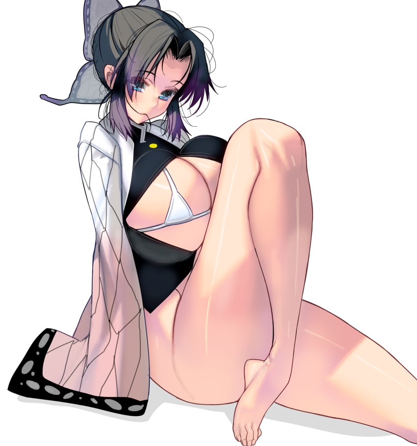 1girls barefoot big_breasts bikini black_hair blue_eyes bottomless breasts butterfly_hair_ornament demon_slayer female female_only hair_ribbon haori huge_breasts kimetsu_no_yaiba kochou_shinobu masao micro_bikini open_shirt partially_clothed shounen_jump solo thick_thighs unbuttoned_shirt white_bikini wide_hips