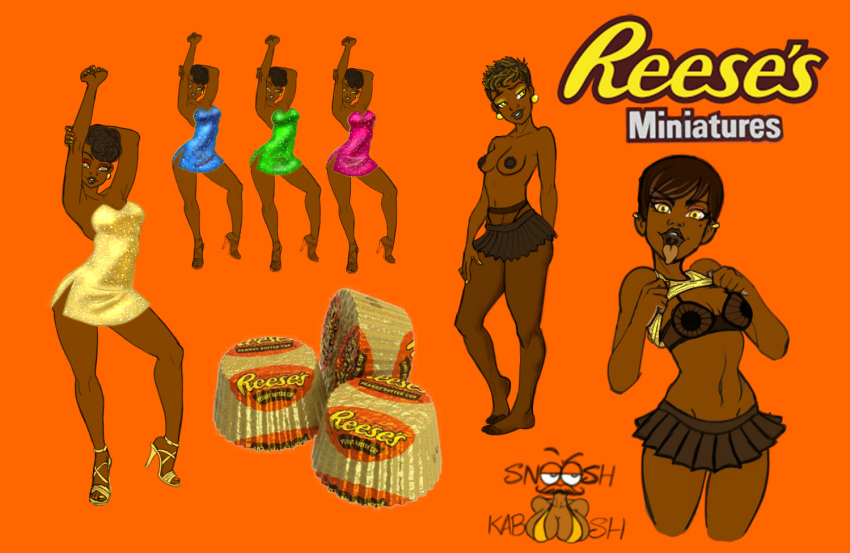 brown_hair brown_skin dark-skinned_female dark_skin dress lingerie pantyhose pleated_skirt reese's reese's_peanut_butter_cups reeses short_hair snooshkaboosh tongue_out