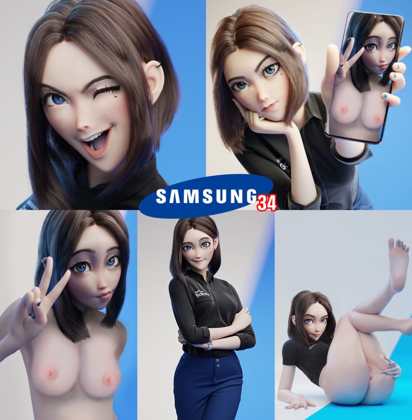 1girls 3d arms_crossed ass ass_grab big_eyes biting_lip black_shirt blue_eyes blue_pants boy34edits breasts breasts_out brown_hair collage earring earrings erect_nipple erect_nipples feet feet_up female female_only freckles galaxy_eyes highres holding_phone laying_down legs legs_up lipstick looking_at_viewer makeup medium_breasts medium_hair mole naked nipples no_bra no_panties no_pants no_shirt nude nude_female nude_filter official_art open_mouth opening_pussy pale_skin peace_sign photoshop pussy samsung samsung_sam selfie solo third-party_edit waiting watch wink winking winking_at_viewer