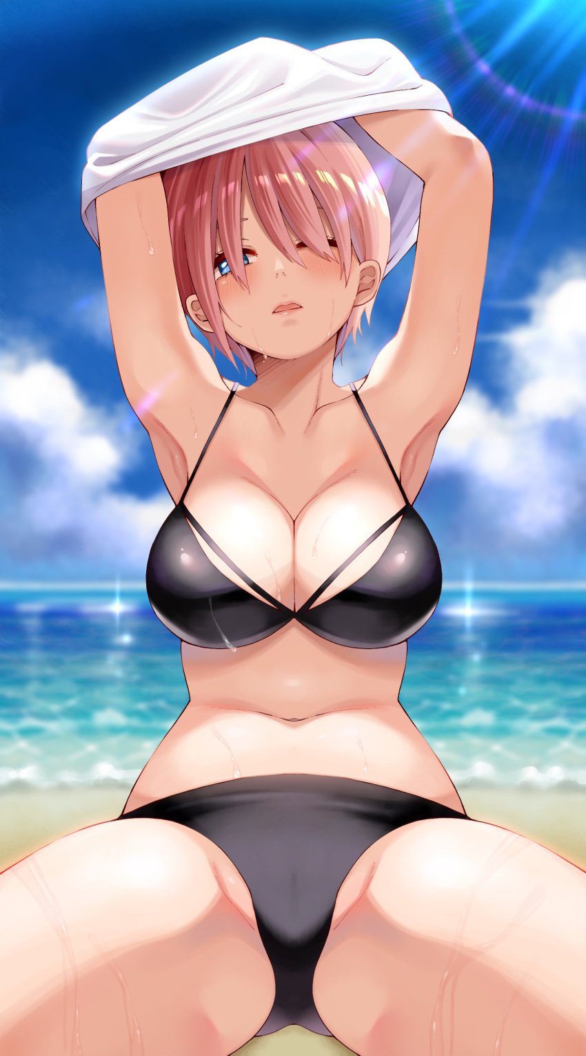 1girls armpits arms_up bangs beach big_breasts bikini black_bikini blue_sky blush breasts busty cameltoe cleavage clouds collarbone female female_only front_view go-toubun_no_hanayome hair_between_eyes heat kazuyoshi looking_at_viewer midriff nakano_ichika navel ocean one_eye_closed open_mouth outdoors pink sand shiny shiny_hair shiny_skin shirt shirt_removed short_hair sidelocks sitting skindentation solo solo_female solo_focus spread_legs sunlight sweat sweatdrop sweating sweating_profusely swimsuit thick_thighs undressing very_short_hair water white_shirt