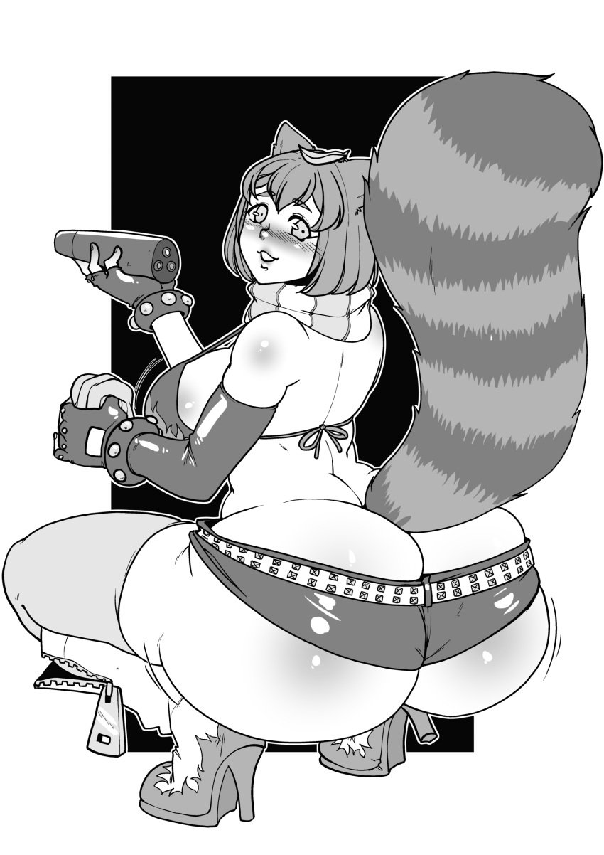 1girls absurd_res animal_ears animal_tail ass big_ass boots cosplay curvy ecchipandaa female_only greyscale huge_ass looking_at_viewer looking_back micro_shorts monochrome oc original original_character short_hair solo solo_female squatting tail tanuki tengen_toppa_gurren_lagann thick_thighs thighhighs thighs tsukiko_(unski113d) yoko_littner yoko_littner_(cosplay)