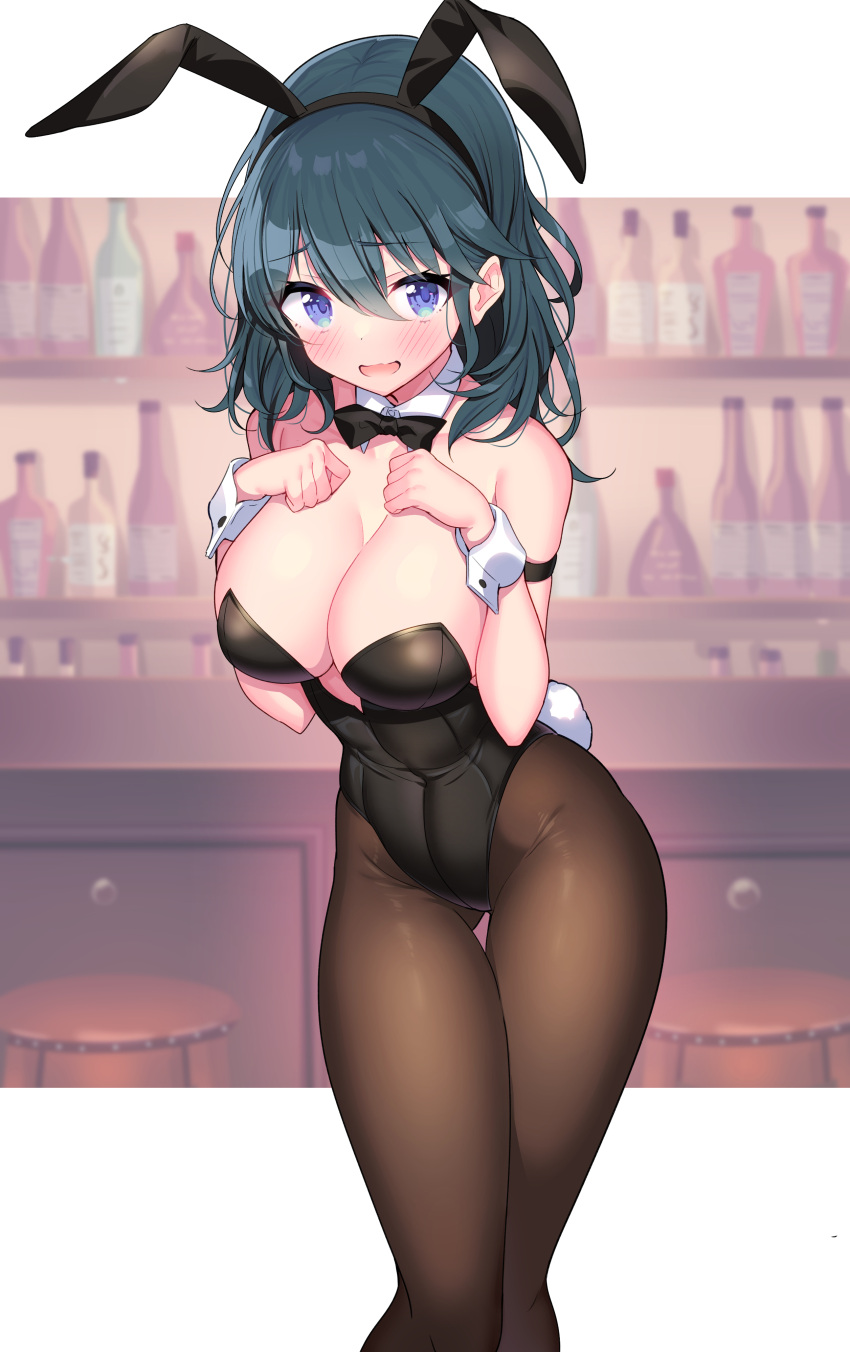 1girls absurdres animal_ears bar bare_shoulders black_neckwear blue_eyes blue_hair blush bow bowtie breasts brown_legwear bunny_ears bunny_girl bunny_tail bunnysuit byleth_(fire_emblem) byleth_(fire_emblem)_(female) cleavage commentary_request detached_collar eyebrows_visible_through_hair fake_animal_ears fake_tail female fire_emblem fire_emblem:_three_houses hair_between_eyes highres ichi-jirushi large_breasts looking_at_viewer low_neckline medium_hair nintendo open_mouth pantyhose playboy_bunny plunging_neckline short_hair solo solo_female standing tail teal_hair thigh_gap