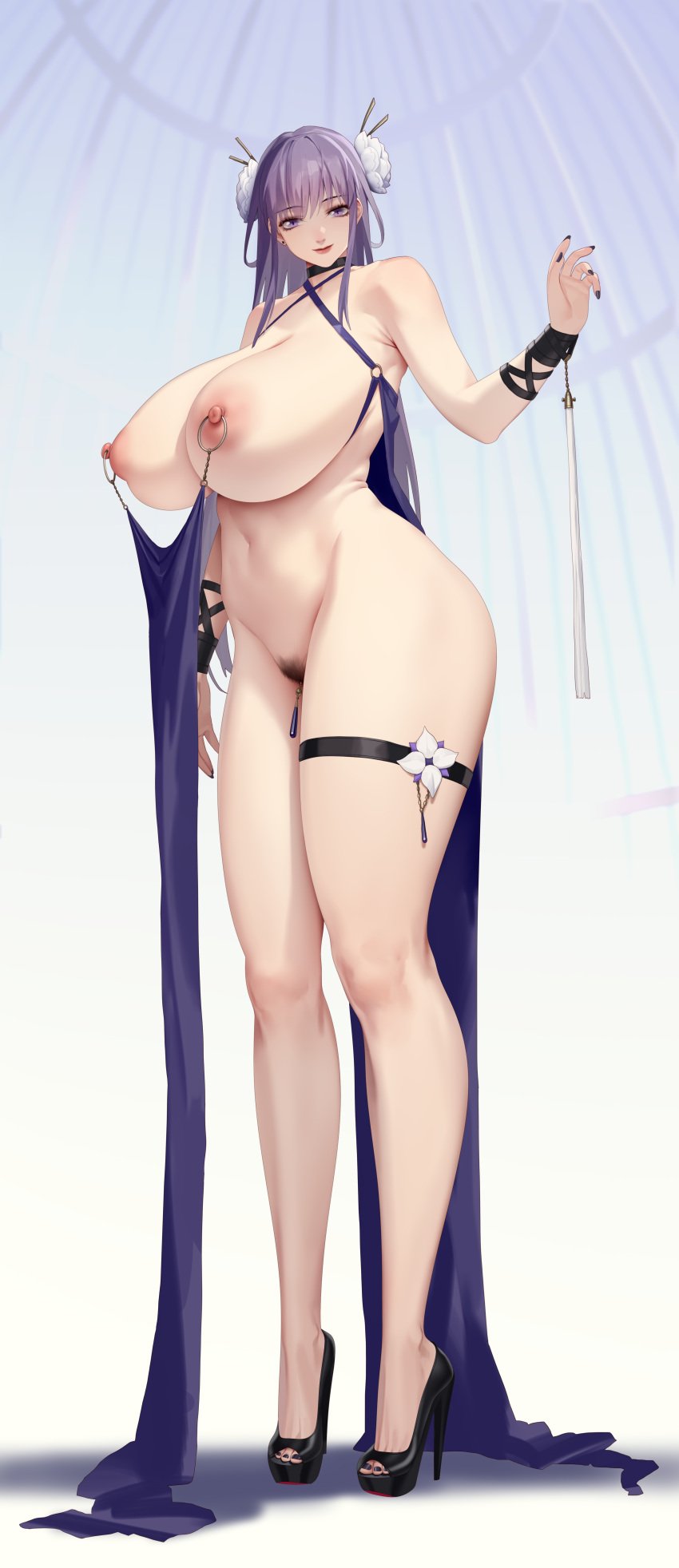 1girls breasts breasts_bigger_than_head choker daye_bie_qia_lian female high_heels huge_breasts long_hair long_legs looking_at_viewer nipple_piercing nipples pubic_hair purple_eyes purple_hair rekaerb_maerd solo thick_thighs thighs