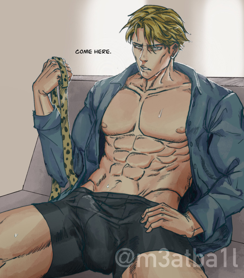 abs black_underwear blonde_hair blue_shirt boner bulge business_attire business_man command commanding demanding exposed_torso frustrated jujutsu_kaisen kento_nanami looking_at_viewer m3atba1l male male_focus male_only no_pants solo sweat sweating unbuttoned_shirt underwear v-line watermark