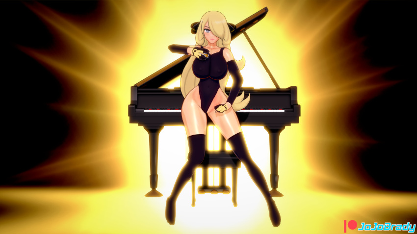 1girls big_breasts blonde_hair breast_squeeze breasts clothed clothing cynthia_(pokemon) female female_focus female_only gloves grey_eyes jojo_reference jojobrady large_breasts legwear leotard luxury_ball nintendo piano pokeball pokemon pokemon_(game) pokemon_dppt smile smiling stockings thighs thin_waist tight_clothing wide_hips