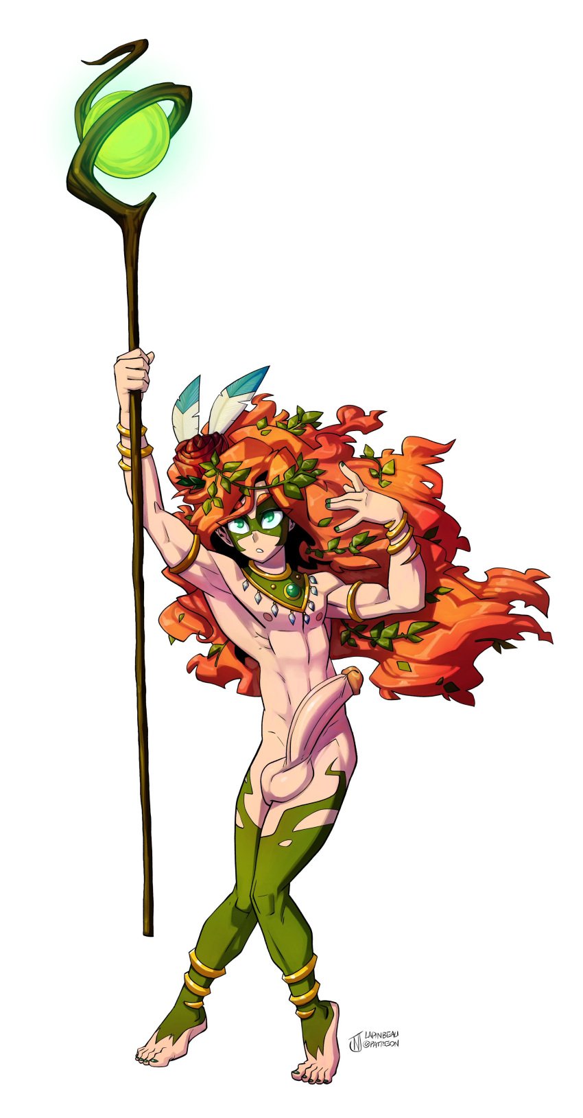 1boy azure_eyes druid erection feathers_in_hair femboy gold_jewelry green_nails lapinbeau leaves_in_hair male_only red_hair rose_(flower) staff