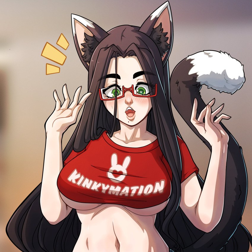 1girls breasts brunette cat_ears cat_tail catgirl crop_top glasses kinkymation neko original paulina_(kinkymation) solo t-shirt