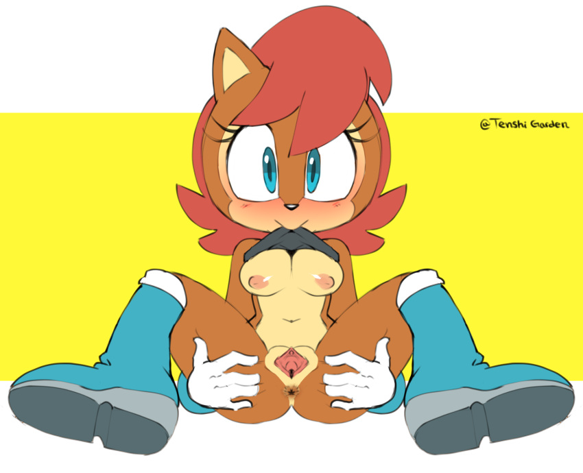 anthro anus archie_comics blush boots bottomless breasts chipmunk clothed clothing eyelashes female footwear fur furry furry_only hair handwear hearlesssoul looking_at_viewer mostly_nude nipples partially_clothed pink_nipples presenting presenting_anus presenting_pussy pussy red_hair sally_acorn shirt shirt_lift solo sonic_(series) sonic_the_hedgehog_(archie) sonic_the_hedgehog_(comics) spread_anus spread_pussy tenshigarden topwear