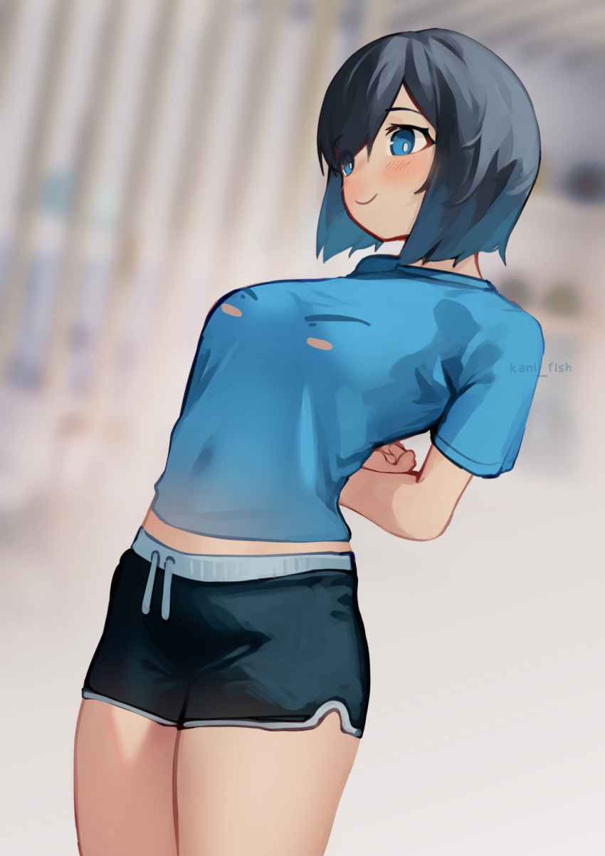 arched_back arms_behind_back black_hair blue_eyes blue_shirt blush breasts eyebrows_visible_through_hair kani_fish multicolored_hair original shirt shirt_lift short_hair short_shorts smile thighs