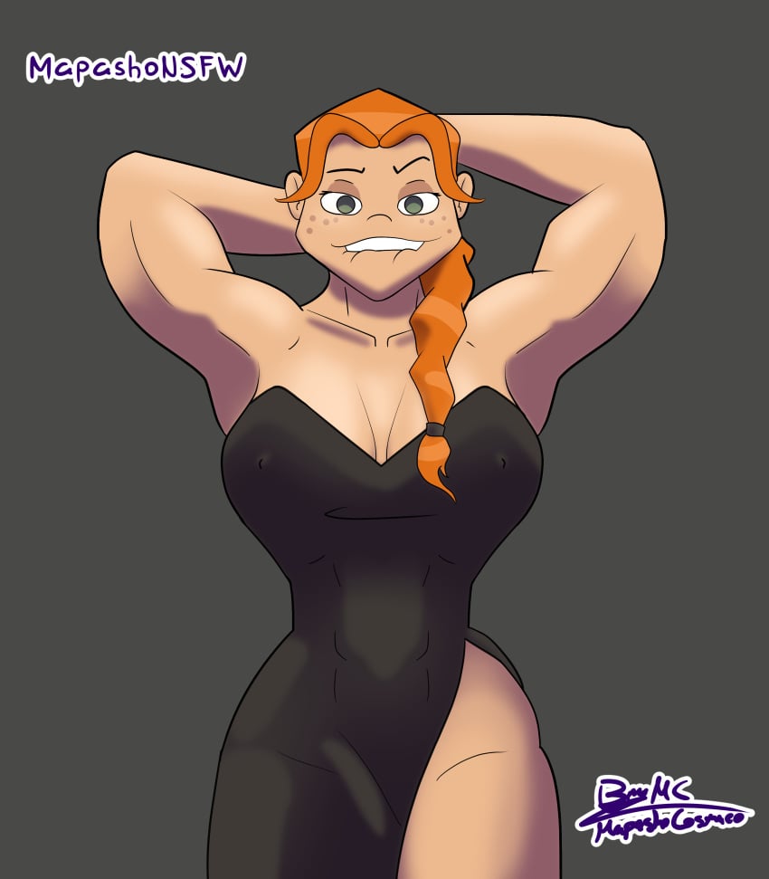 armpits arms_up biceps big_breasts big_hips black_dress breasts dress freckles ginger green_eyes hard_nipples hips mapashonsfw metal_family muscles muscular nipples_visible_through_clothing red_hair victoria_(metal_family) waist