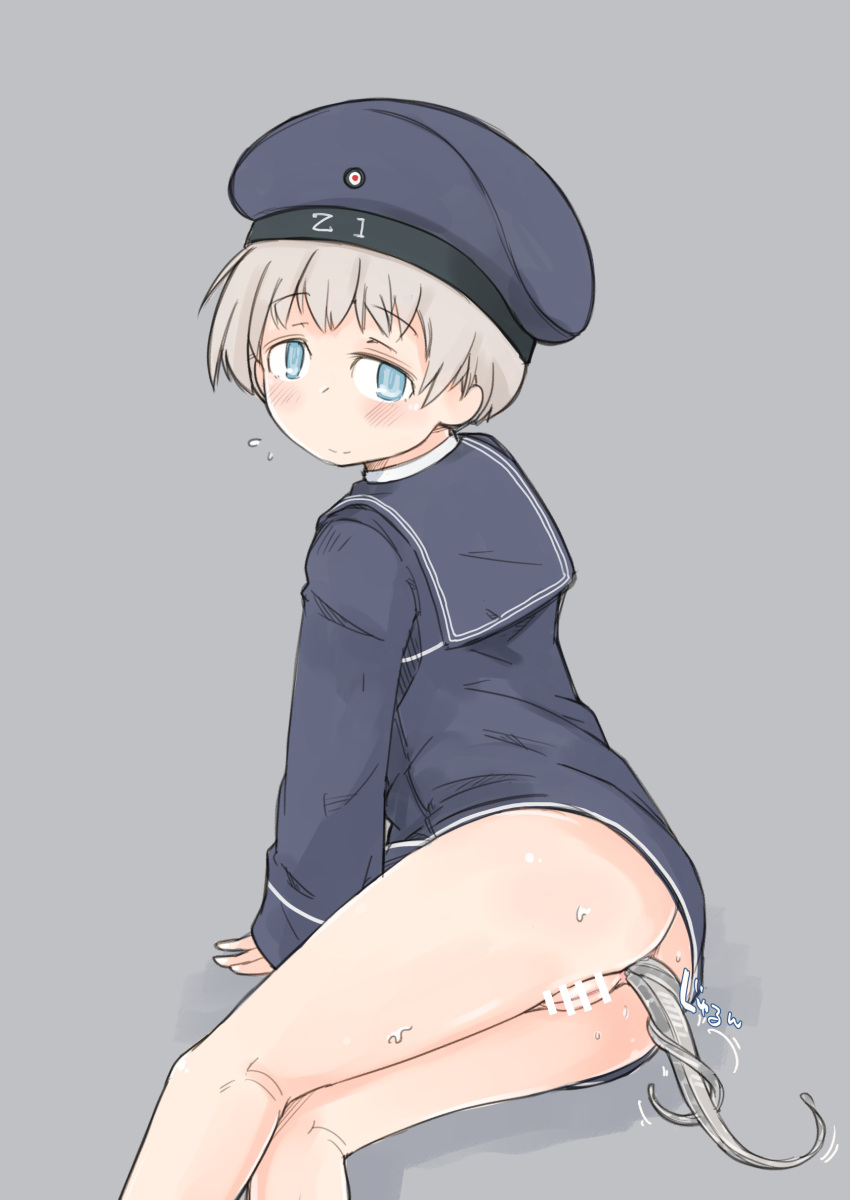 1girls absurdres anal anal_object_insertion ass bar_censor blue_eyes censored clothed_sex clothing commentary_request dress enjaku_izuku female grey_background grey_hair hat highres kantai_collection legs_together long_sleeves no_panties object_insertion penetration pussy sailor_collar sailor_dress sailor_hat short_dress short_hair solo tentacle thighs very_short_hair z1_leberecht_maass_(kantai_collection)